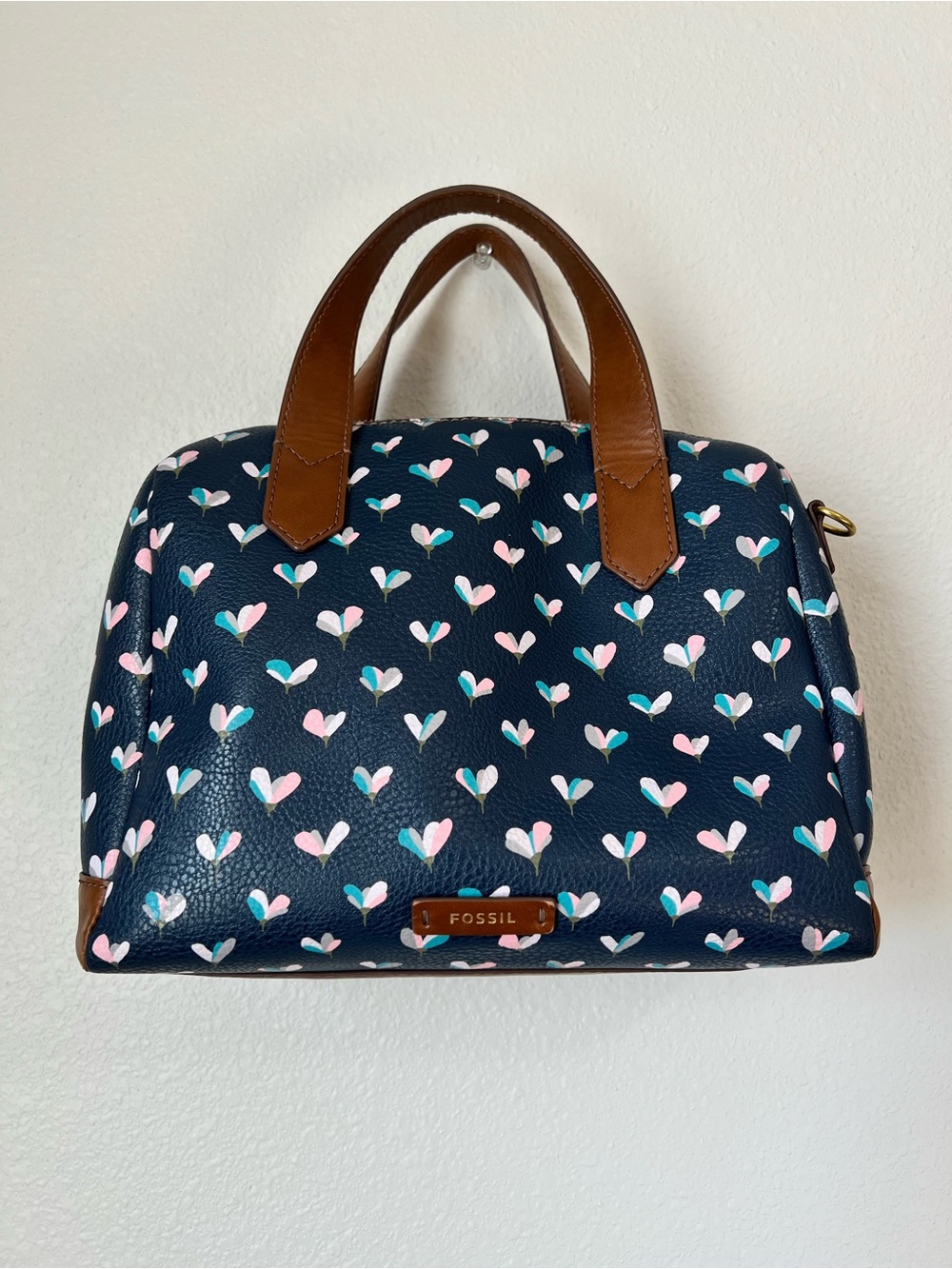 Fossil Rachel Satchel Navy with Pink & Teal Heart Print